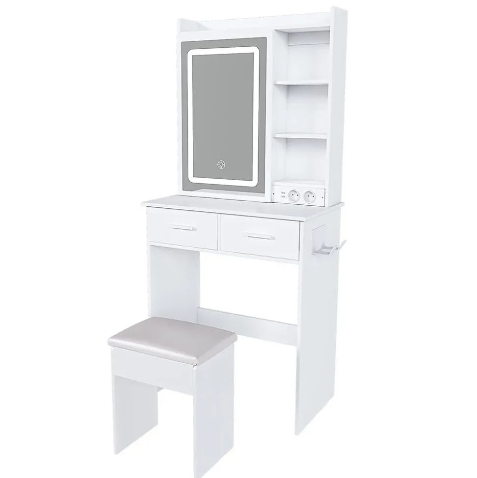Petite coiffeuse avec miroir,60x136x36cm,blanche,éclairage LED réglable,prise de courant,tabouret rembourré