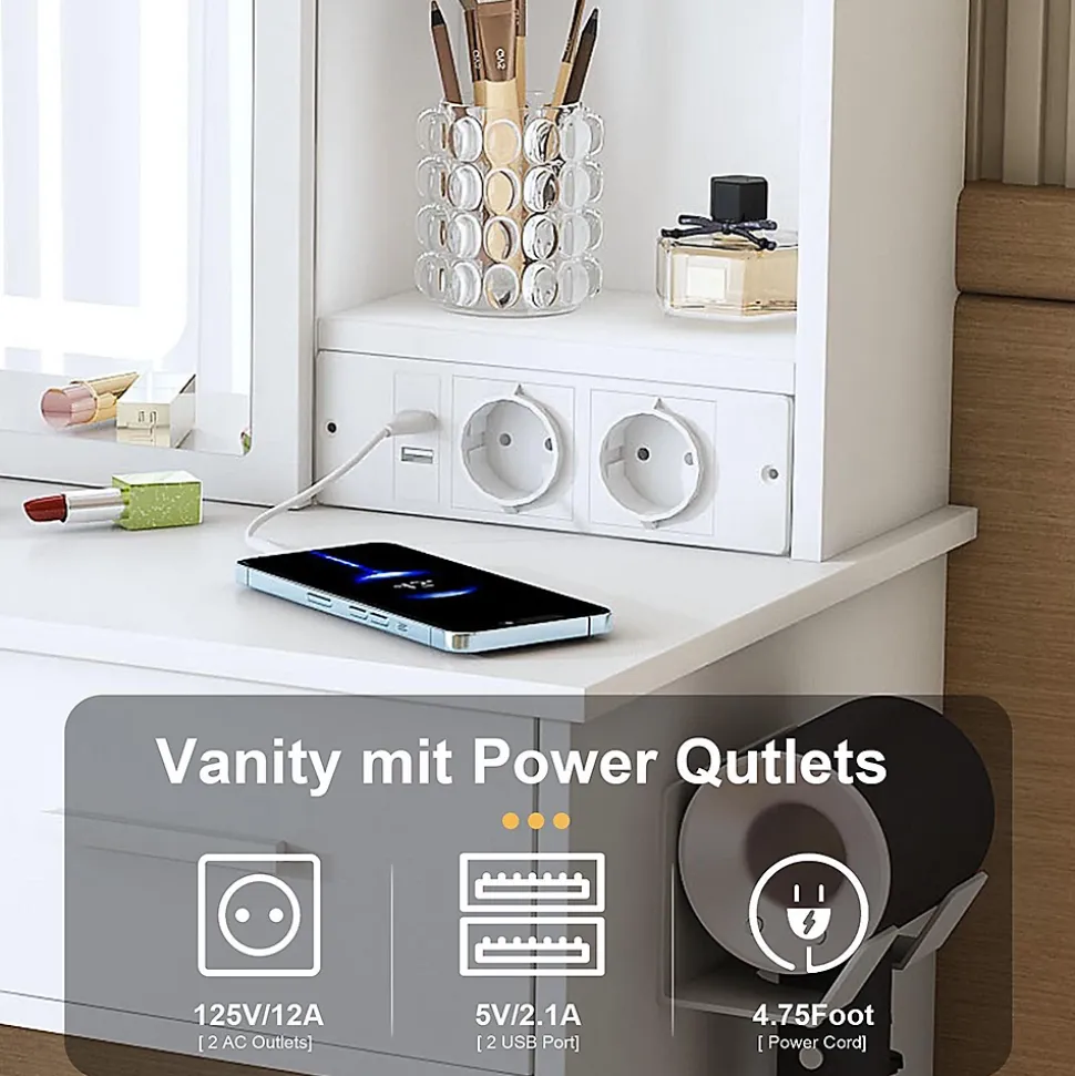 Petite coiffeuse avec miroir,60x136x36cm,blanche,éclairage LED réglable,prise de courant,tabouret rembourré