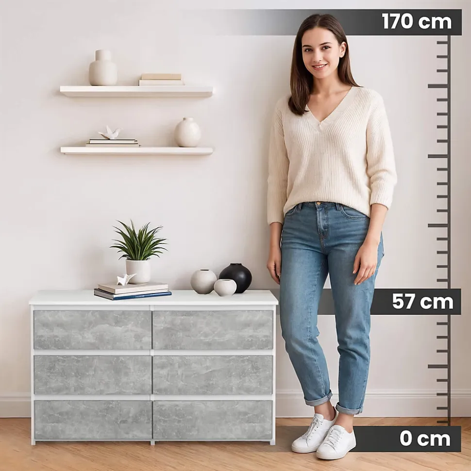 Petite Commode AKORD CL100 Blanche 100 cm 6 tiroirs façade Béton 100x35x57 cm