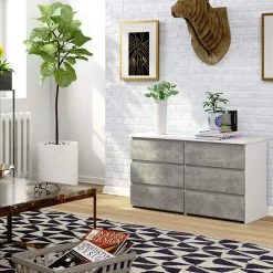 Petite Commode AKORD CL100 Blanche 100 cm 6 tiroirs façade Béton 100x35x57 cm