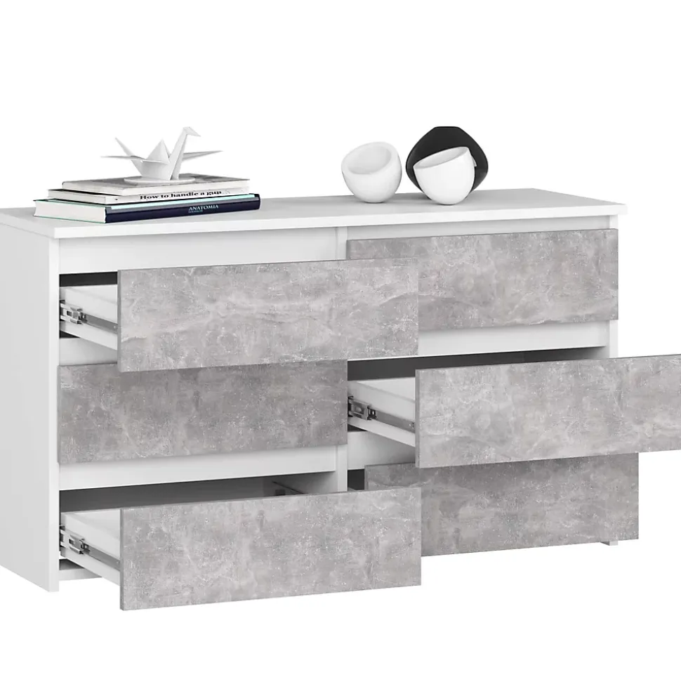 Petite Commode AKORD CL100 Blanche 100 cm 6 tiroirs façade Béton 100x35x57 cm