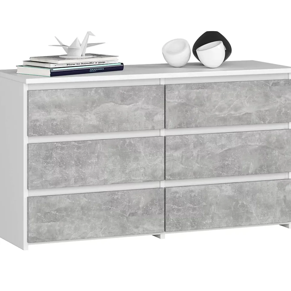 Petite Commode AKORD CL100 Blanche 100 cm 6 tiroirs façade Béton 100x35x57 cm