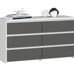 Petite Commode AKORD CL100 Blanche 100 cm 6 tiroirs façade Gris Graphite 100x35x57 cm