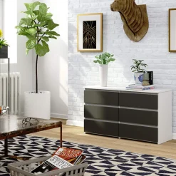 Petite Commode AKORD CL100 Blanche 100 cm 6 tiroirs façade Gris Graphite 100x35x57 cm