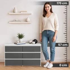 Petite Commode AKORD CL100 Blanche 100 cm 6 tiroirs façade Gris Graphite 100x35x57 cm