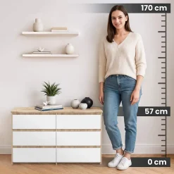 Petite Commode AKORD CL100 Chêne Sonoma 100 cm 6 tiroirs façade Blanche 100x35x57 cm