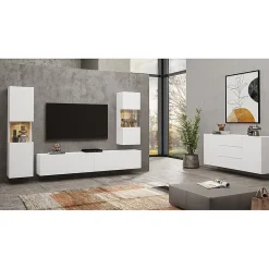Petite vitrine suspendue 1 porte partiellement vitrée collection EVA. Couleur blanc mat et chene.