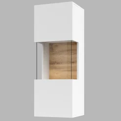 Petite vitrine suspendue 1 porte partiellement vitrée collection EVA. Couleur blanc mat et chene.