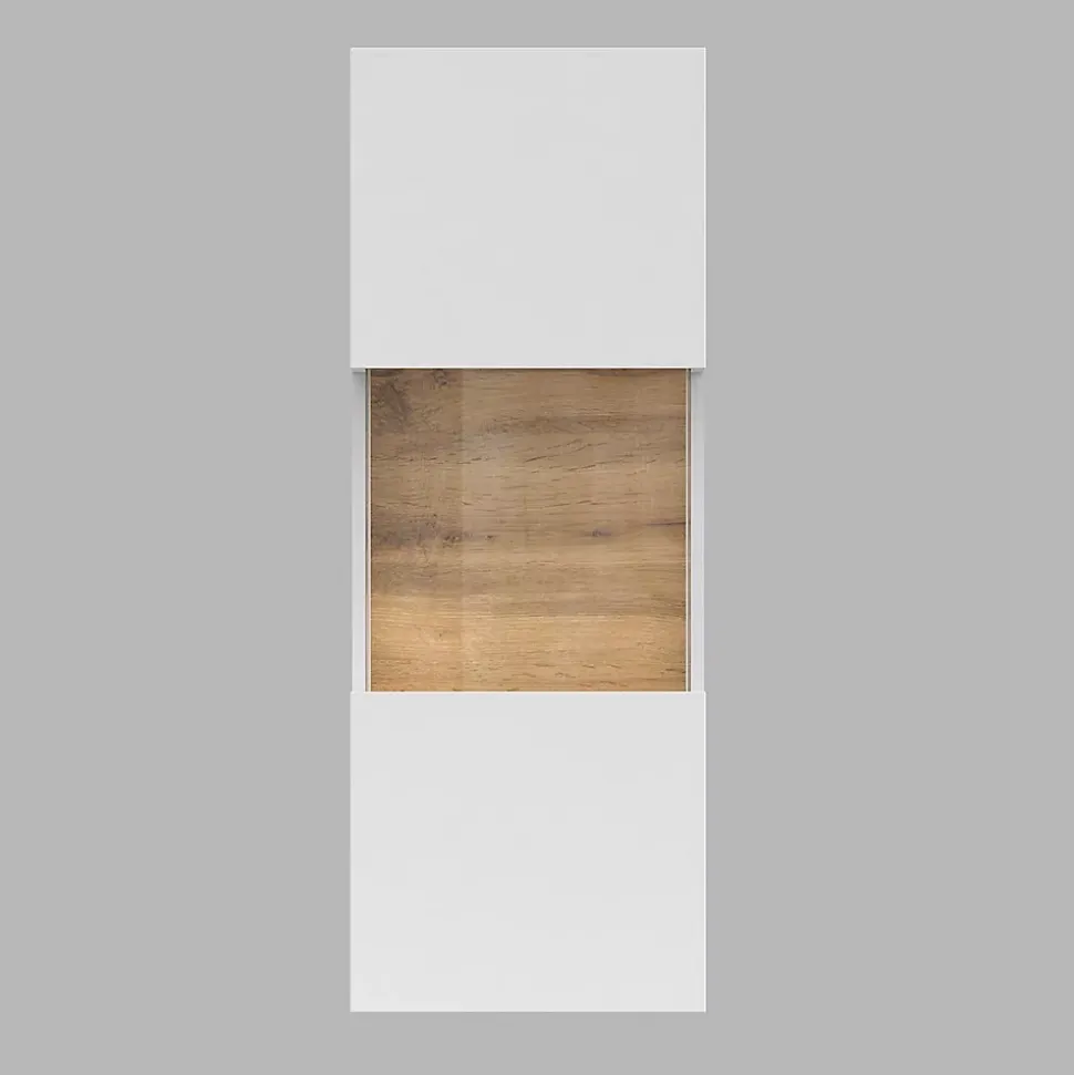 Petite vitrine suspendue 1 porte partiellement vitrée collection EVA. Couleur blanc mat et chene.