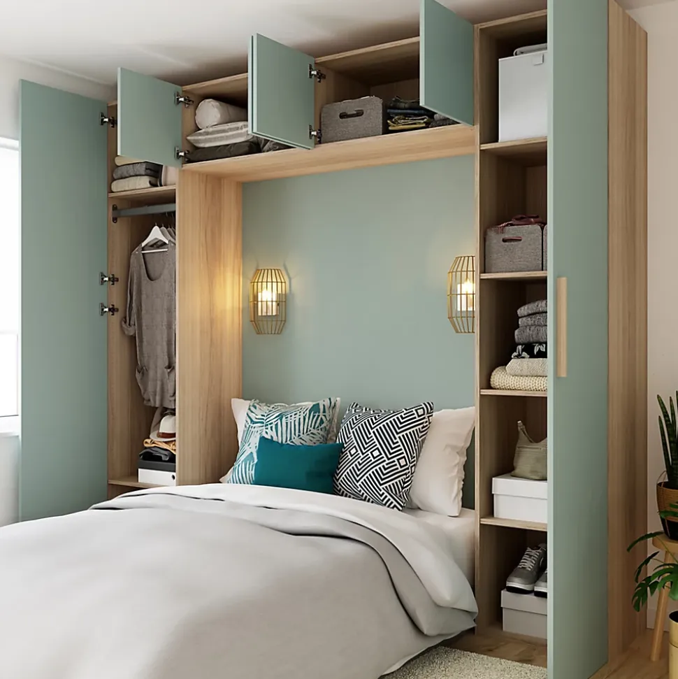 Pont de lit bleu aqua et blanc avec 6 portes et 2 tiroirs GoodHome Atomia H. 225 x L. 250 x P. 45 cm