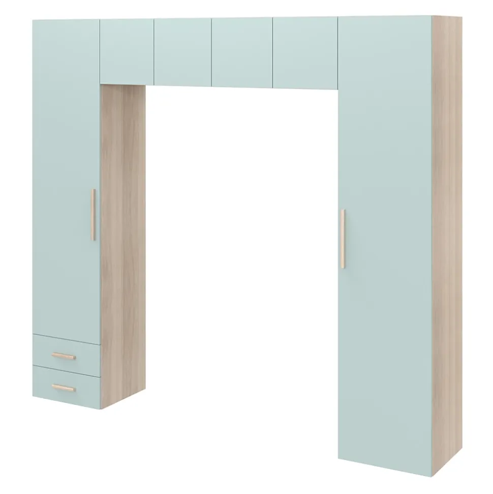 Pont de lit bleu aqua et blanc avec 6 portes et 2 tiroirs GoodHome Atomia H. 225 x L. 250 x P. 45 cm