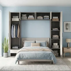 Pont de lit bleu beige cachemire et effet chêne grisé avec 6 portes et 2 tiroirs GoodHome Atomia H. 225 x L. 250 x P. 45 cm
