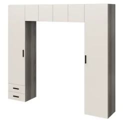 Pont de lit bleu beige cachemire et effet chêne grisé avec 6 portes et 2 tiroirs GoodHome Atomia H. 225 x L. 250 x P. 45 cm