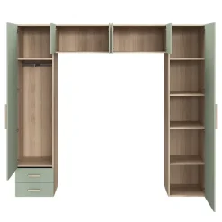 Pont de lit vert agave et effet chêne avec 6 portes et 2 tiroirs GoodHome Atomia H. 225 x L. 250 x P. 45 cm