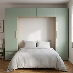 Pont de lit vert agave et effet chêne avec 6 portes et 2 tiroirs GoodHome Atomia H. 225 x L. 250 x P. 45 cm