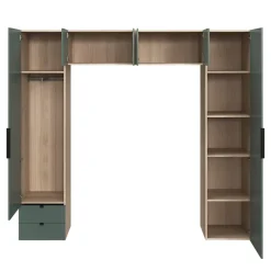 Pont de lit vert forêt et effet chêne avec 6 portes et 2 tiroirs GoodHome Atomia H. 225 x L. 250 x P. 45 cm