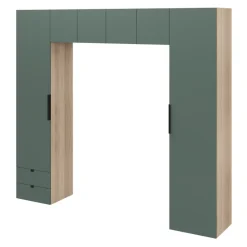 Pont de lit vert forêt et effet chêne avec 6 portes et 2 tiroirs GoodHome Atomia H. 225 x L. 250 x P. 45 cm