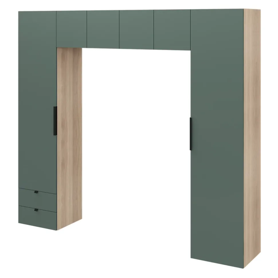 Pont de lit vert forêt et effet chêne avec 6 portes et 2 tiroirs GoodHome Atomia H. 225 x L. 250 x P. 45 cm