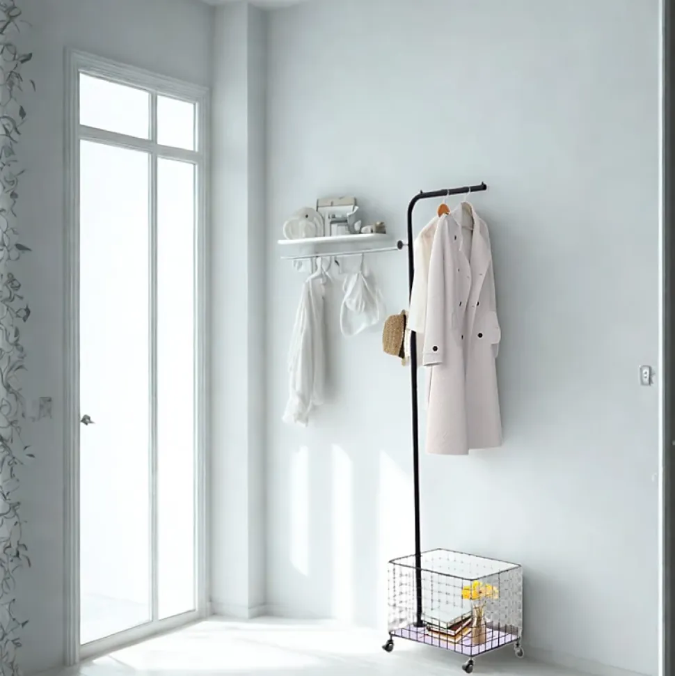 Portant à vêtement avec panier de rangement et crochets - noir