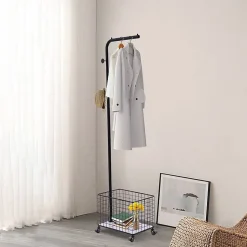 Portant à vêtement avec panier de rangement et crochets - noir