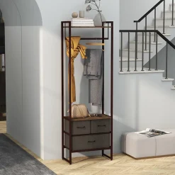 Portant à vêtement style industriel - barre penderie, 2 étagères, 3 tiroirs - acier noir effet bois vieilli