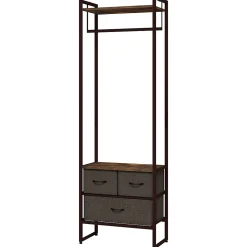 Portant à vêtement style industriel - barre penderie, 2 étagères, 3 tiroirs - acier noir effet bois vieilli