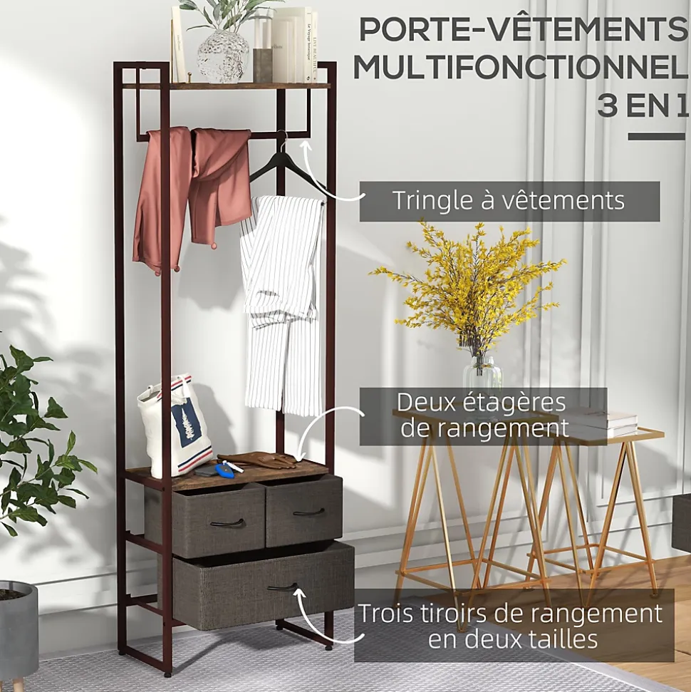 Portant à vêtement style industriel - barre penderie, 2 étagères, 3 tiroirs - acier noir effet bois vieilli