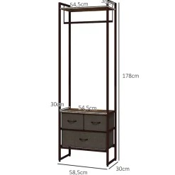 Portant à vêtement style industriel - barre penderie, 2 étagères, 3 tiroirs - acier noir effet bois vieilli