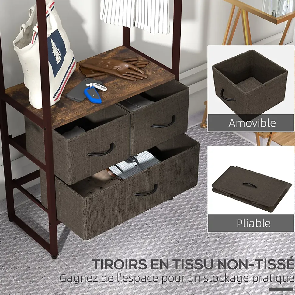 Portant à vêtement style industriel - barre penderie, 2 étagères, 3 tiroirs - acier noir effet bois vieilli