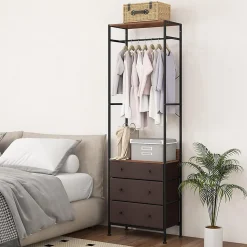 Portant à Vêtements avec Tiroirs et Etagères Porte Manteau Vestiaire en Métal Penderie Style Industriel