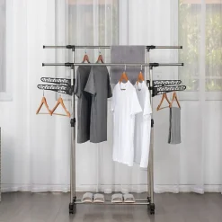 Portant à vêtements double réglable avec roulettes et ailettes de suspension Herzberg HG03275