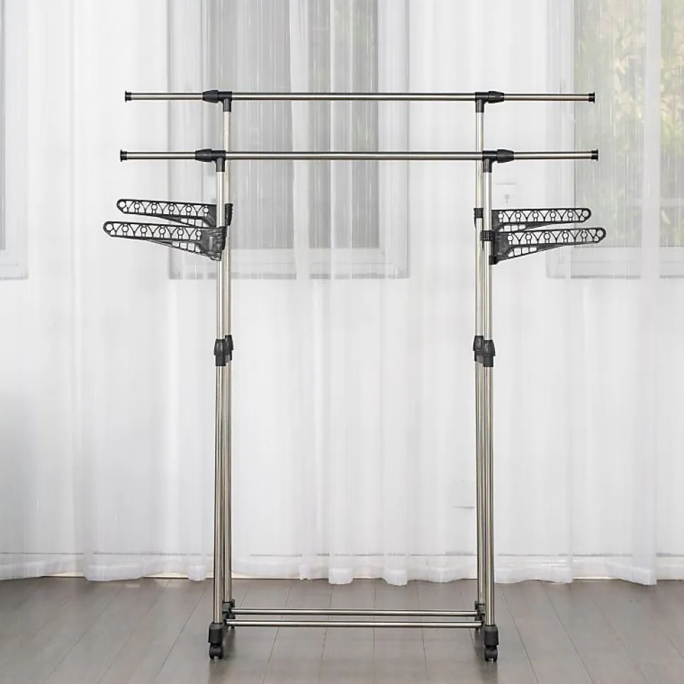 Portant à vêtements double réglable avec roulettes et ailettes de suspension Herzberg HG03275