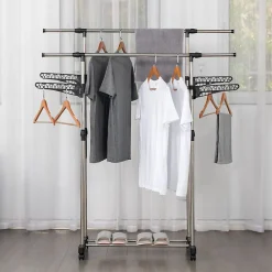 Portant à vêtements double réglable avec roulettes et ailettes de suspension Herzberg HG03275
