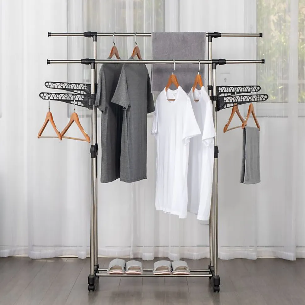 Portant à vêtements double réglable avec roulettes et ailettes de suspension Herzberg HG03275