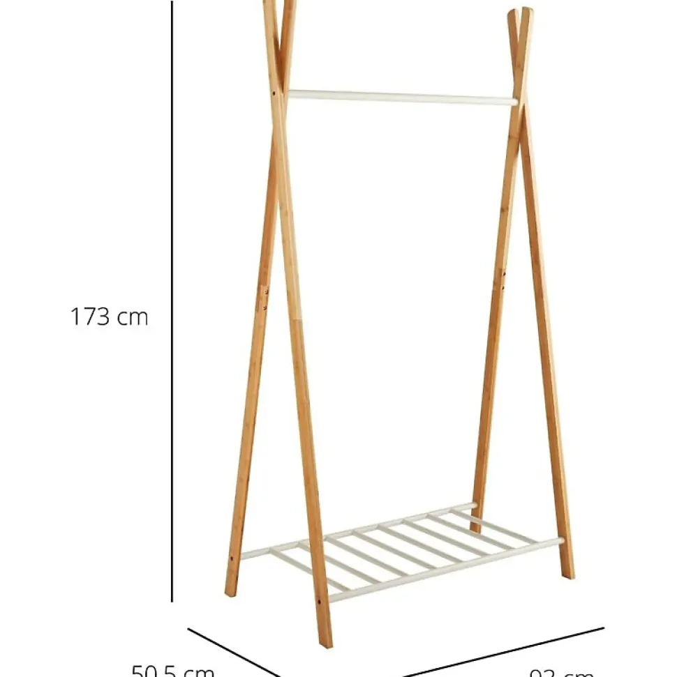 Portant à vêtements en bambou naturel et métal blanc 93 x 50 x 173 cm