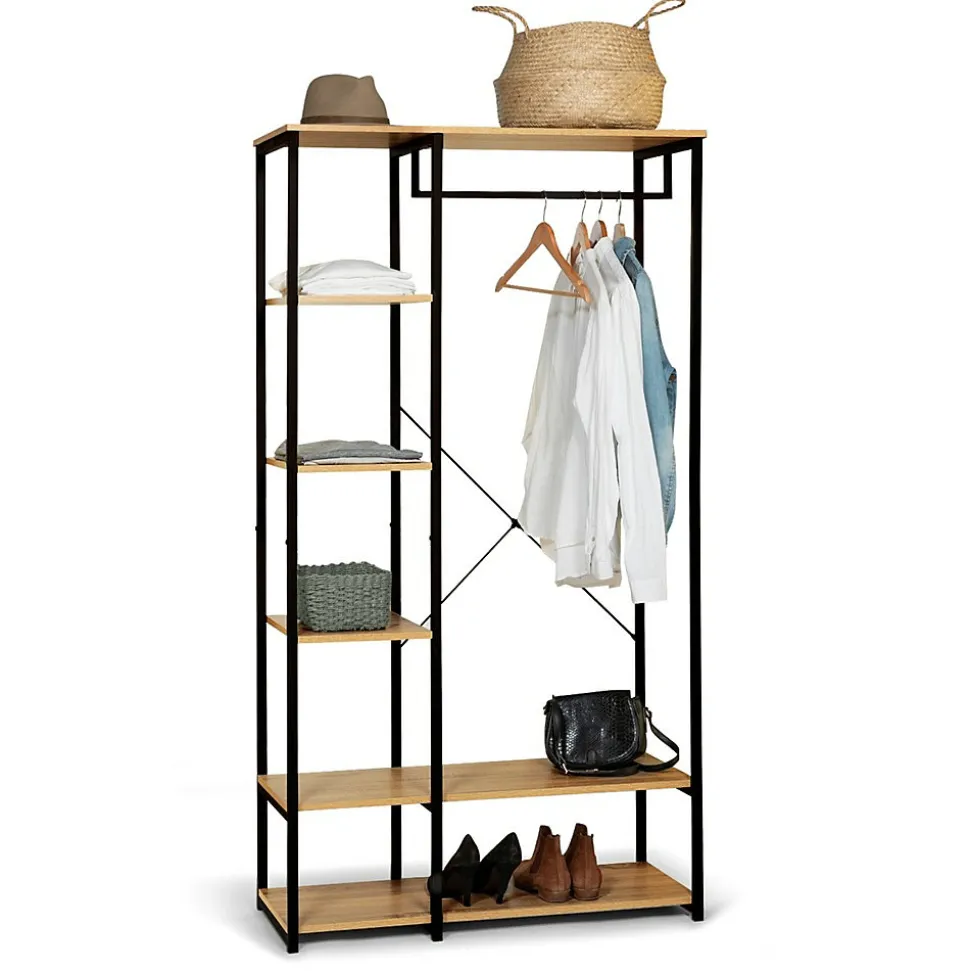 Portant à Vêtements Industriel Bois et Métal - Dressing avec Penderie et Étagères de Rangement - Design Robuste 167x90x40 cm