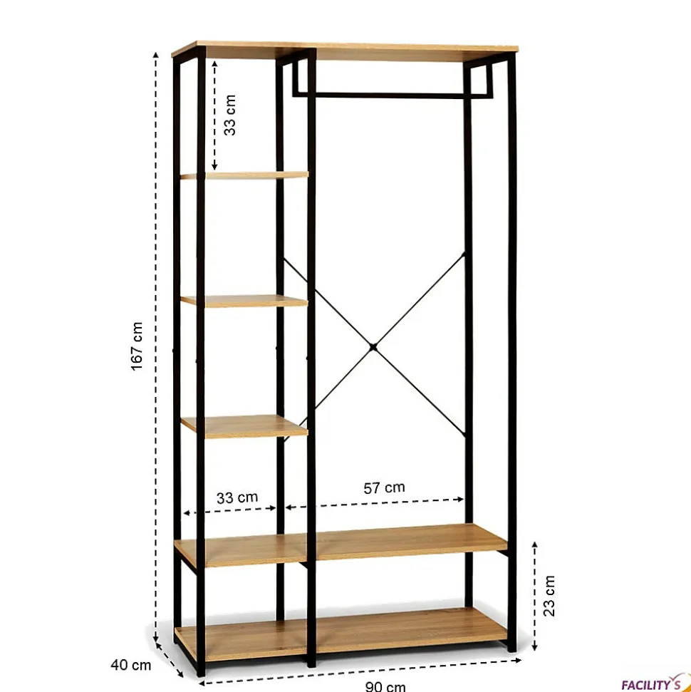 Portant à Vêtements Industriel Bois et Métal - Dressing avec Penderie et Étagères de Rangement - Design Robuste 167x90x40 cm