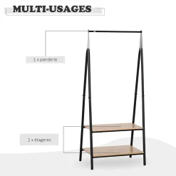 Portant à vêtements penderie style contemporain triangulaire dim. 64L x 43l x 149H cm 2 étagères MDF bois clair acier noir