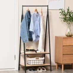 Portant à vêtements penderie style contemporain triangulaire dim. 64L x 43l x 149H cm 2 étagères MDF bois clair acier noir