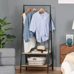 Portant à vêtements penderie style contemporain triangulaire dim. 64L x 43l x 149H cm 2 étagères MDF bois clair acier noir