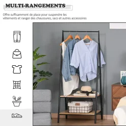 Portant à vêtements penderie style contemporain triangulaire dim. 64L x 43l x 149H cm 2 étagères MDF bois clair acier noir