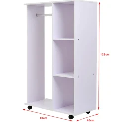 Portant à vêtements penderie mobile avec roulettes 3 étagères latérales + grand espace penderie panneaux particules blanc