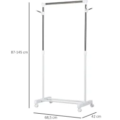 Portant à vêtements sur roulettes - hauteur réglable - 2 patères doubles - acier inox PP blanc