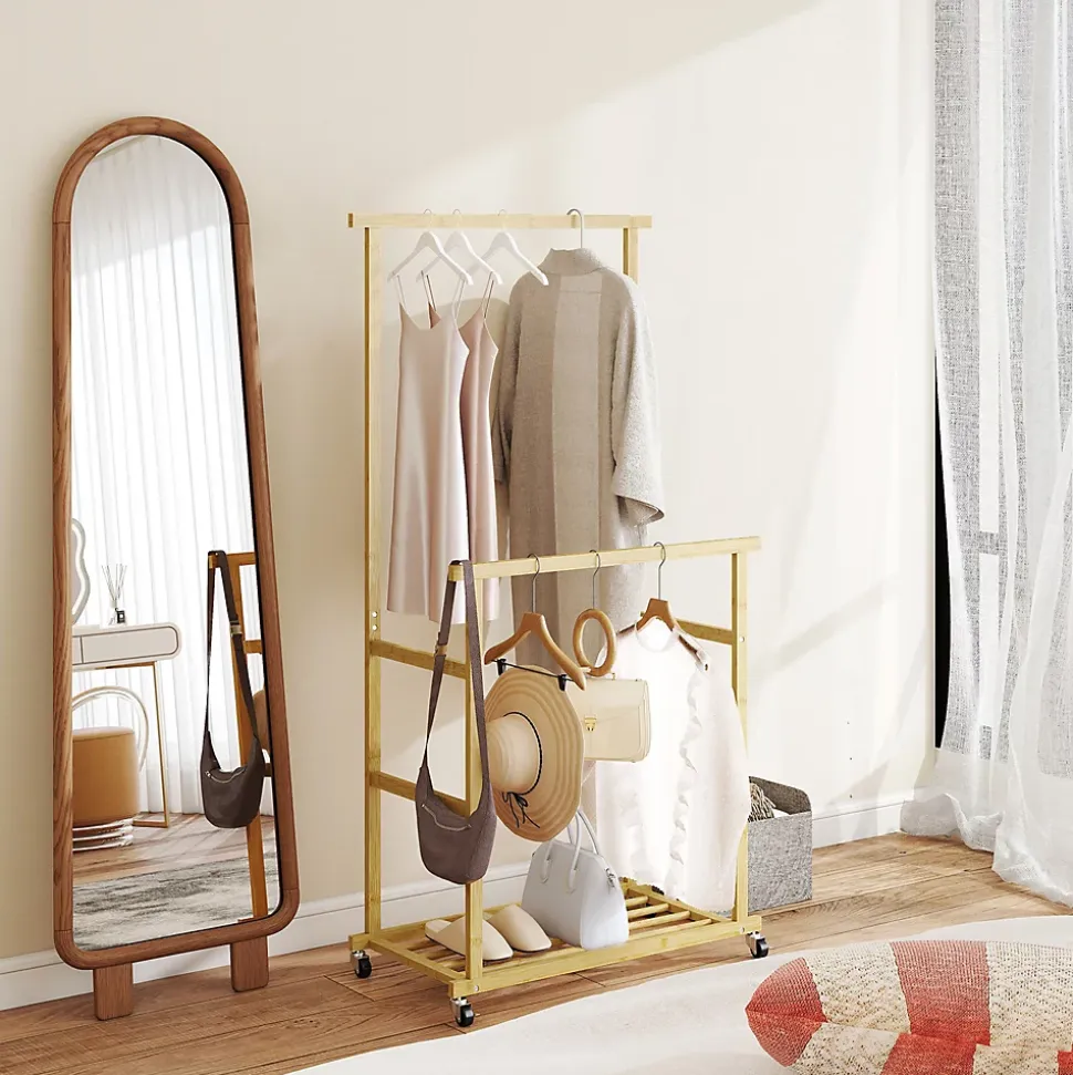 Portant bois bambou naturel verni - penderie mobile double barre et étagère - 80 x 40 x 160 cm