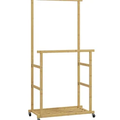 Portant bois bambou naturel verni - penderie mobile double barre et étagère - 80 x 40 x 160 cm