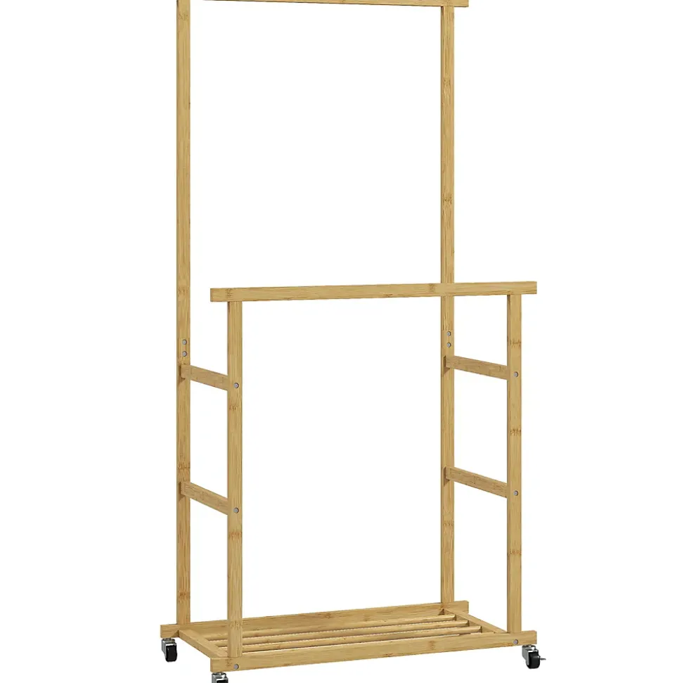 Portant bois bambou naturel verni - penderie mobile double barre et étagère - 80 x 40 x 160 cm