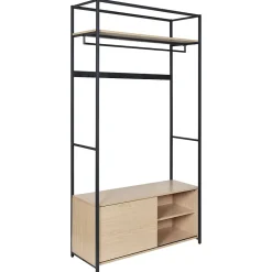 Portant d'entrée en bois et métal noir 110x200cm - rangement fermé et patères