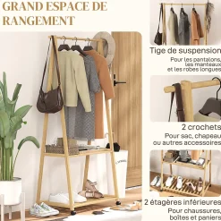 Portant penderie à vêtements en bambou mobile 4 roulettes 2 étagères dim. 84,5L x 43,5l x 158H cm