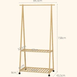 Portant penderie à vêtements en bambou mobile 4 roulettes 2 étagères dim. 84,5L x 43,5l x 158H cm