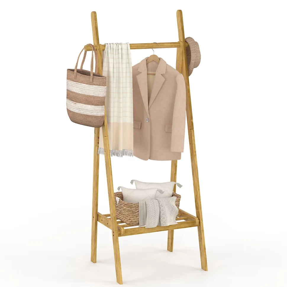 Portant pliable en bambou avec 1 étagère l. 75 x H. 160 cm